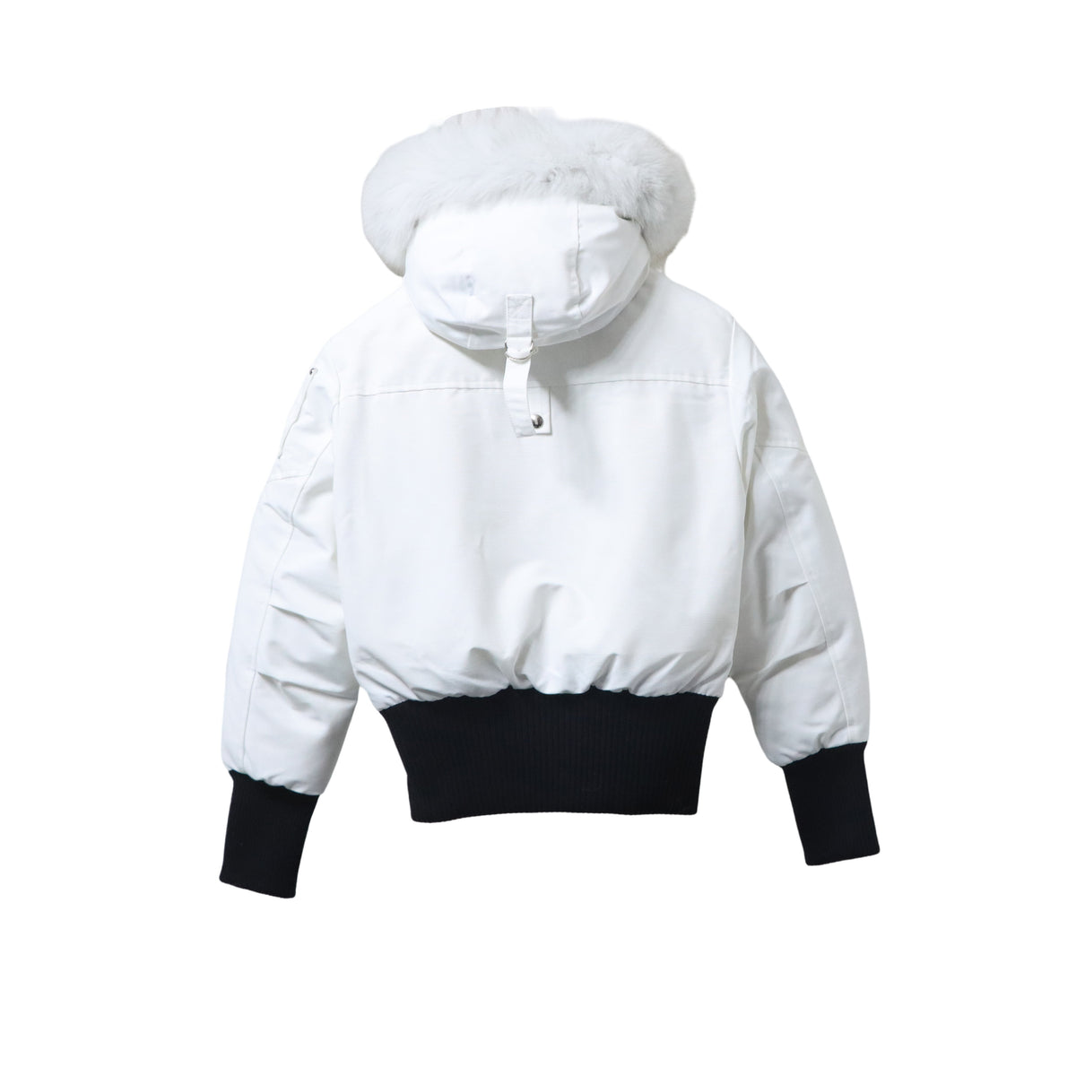 Moose Knuckles White and Black Cropped Pom-Pom Hooded Bomber Jacket