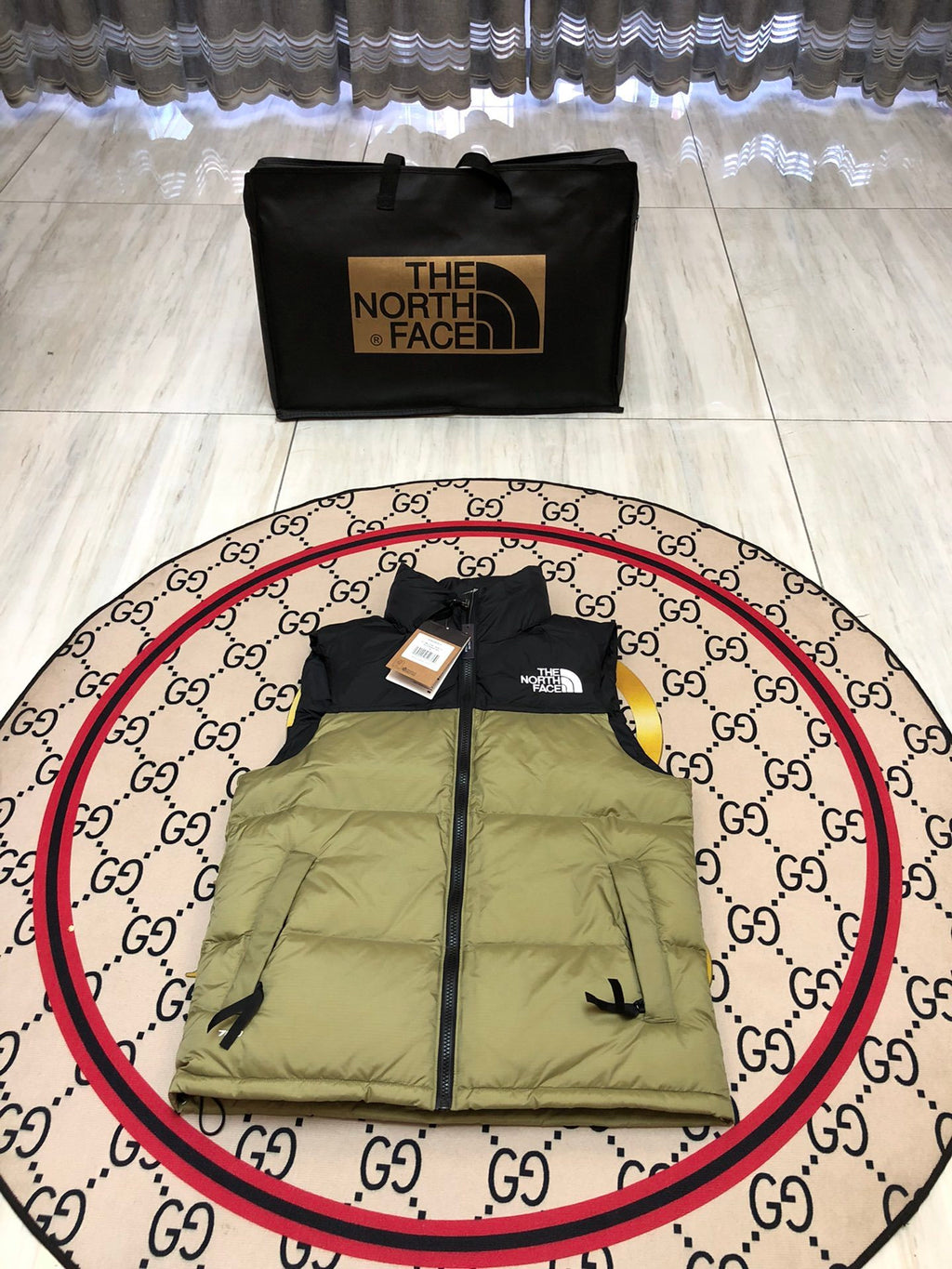 The North Face Olive Green and Black Colorblock Puffer Vest