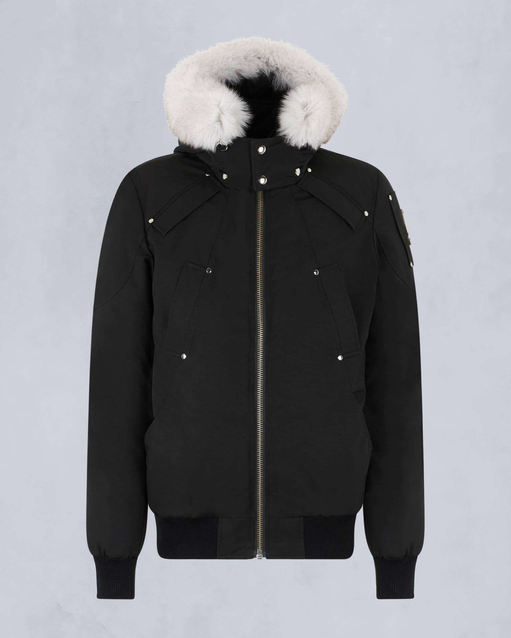 Moose Knuckles Black Contrast Trim Hooded Bomber Jacket