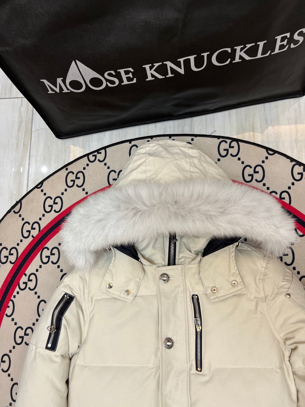 Moose Knuckles Off-White Hooded Puffer Jacket with Plush Trim