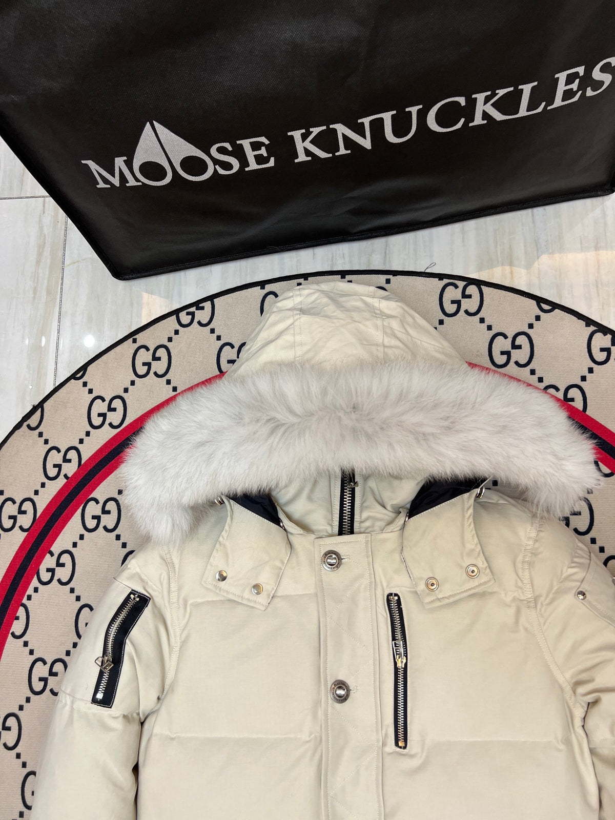 Moose Knuckles Off-White Hooded Puffer Jacket with Plush Trim
