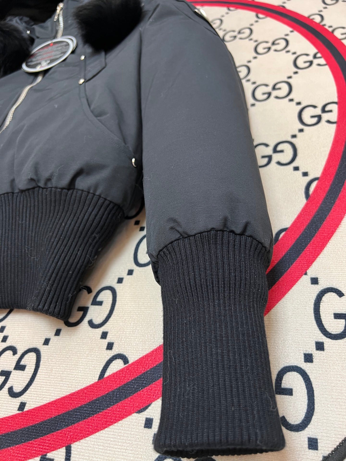 Moose Knuckles Black Cropped Hooded Bomber Jacket with Pom-Poms