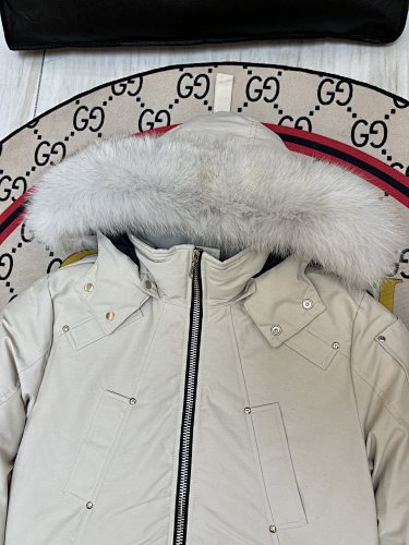 Moose Knuckles Off-White Hooded Bomber Jacket with Plush Trim