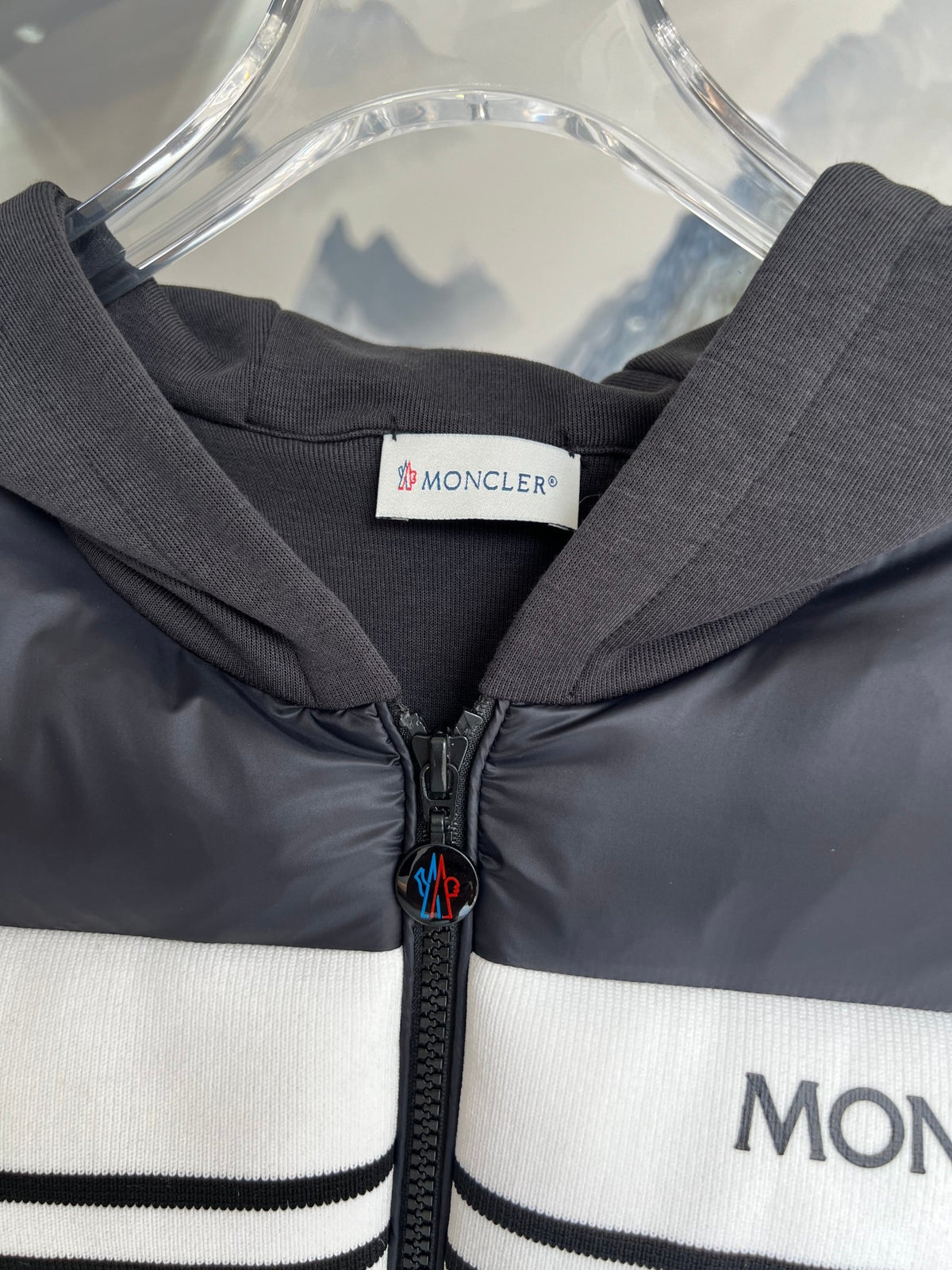 Moncler Black and White Logo Stripe Hybrid Hooded Jacket