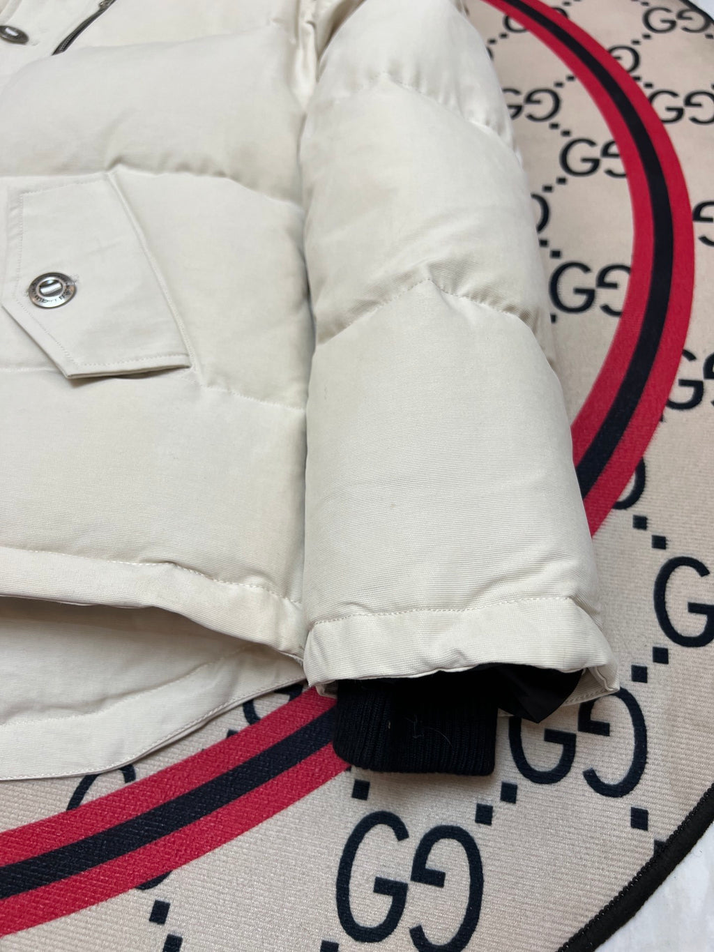 Moose Knuckles Off-White Hooded Puffer Jacket with Plush Trim