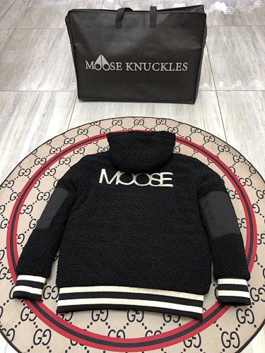 Moose Knuckles Black Teddy Fleece Striped Trim Hooded Bomber Jacket