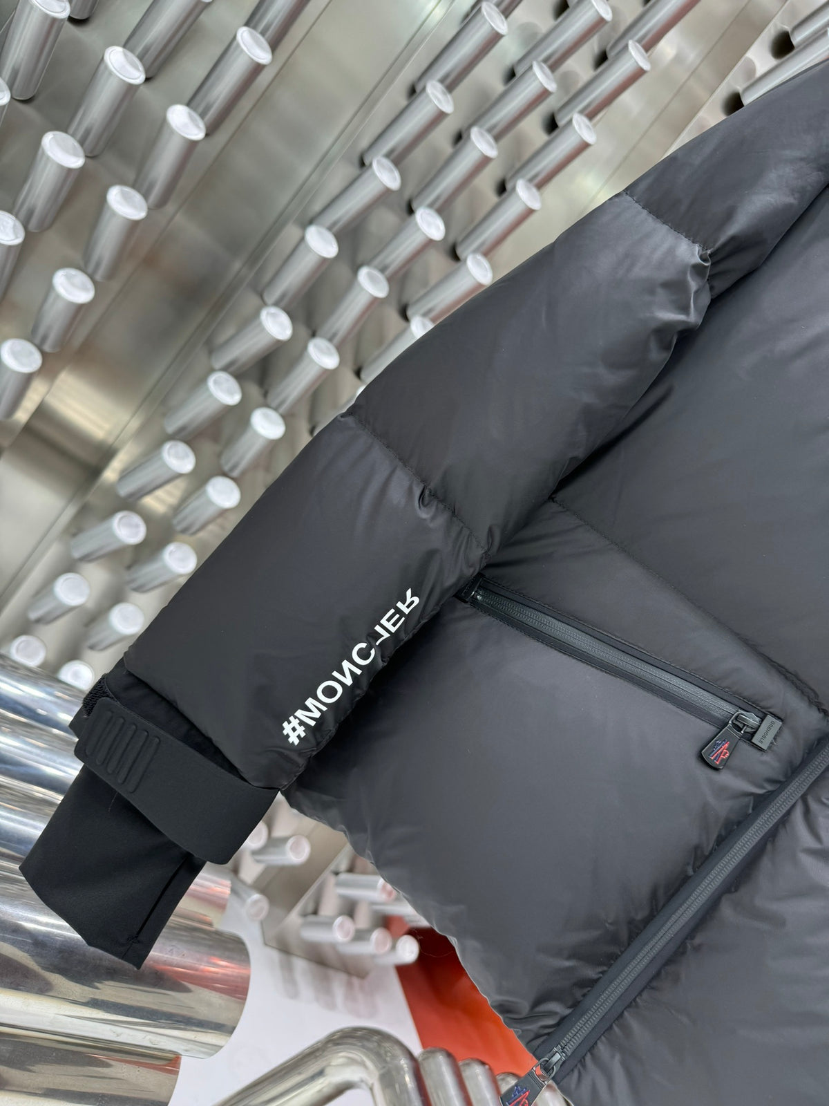 Moncler Black Graphic Logo High Collar Puffer Jacket