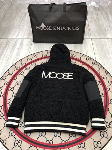 Moose Knuckles Black Teddy Fleece Striped Trim Hooded Bomber Jacket