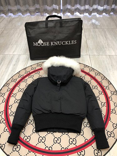 Moose Knuckles Black Cropped Hooded Bomber Jacket with Pom-Poms