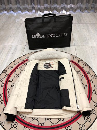 Moose Knuckles Off-White Hooded Puffer Jacket with Plush Trim