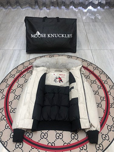 Moose Knuckles Off-White Hooded Bomber Jacket with Plush Trim