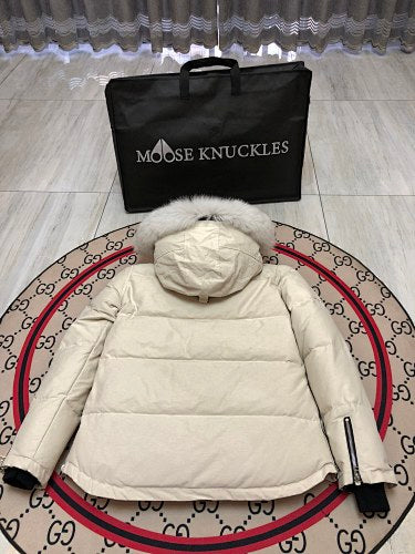 Moose Knuckles Off-White Hooded Puffer Jacket with Plush Trim