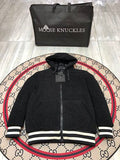 Moose Knuckles Black Teddy Fleece Striped Trim Hooded Bomber Jacket