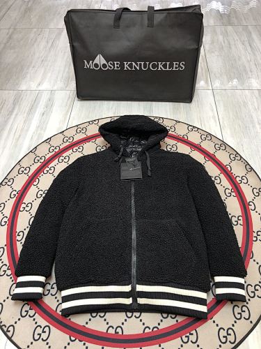 Moose Knuckles Black Teddy Fleece Striped Trim Hooded Bomber Jacket