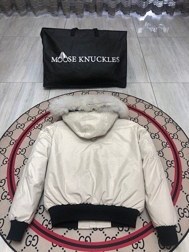 Moose Knuckles Off-White Hooded Bomber Jacket with Plush Trim