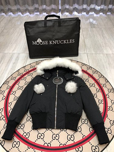 Moose Knuckles Black Cropped Hooded Bomber Jacket with Pom-Poms
