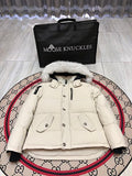 Moose Knuckles Off-White Hooded Puffer Jacket with Plush Trim