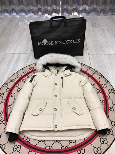 Moose Knuckles Off-White Hooded Puffer Jacket with Plush Trim