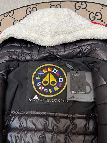 Moose Knuckles White and Black Teddy Fleece Hooded Bomber Jacket