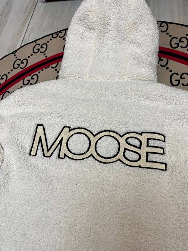 Moose Knuckles White and Black Teddy Fleece Hooded Bomber Jacket