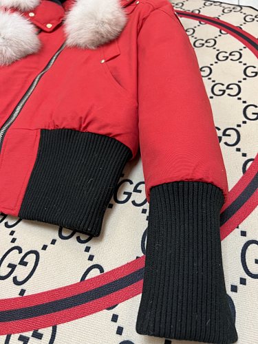 Moose Knuckles Red Cropped Hooded Bomber Jacket with Pom-Poms