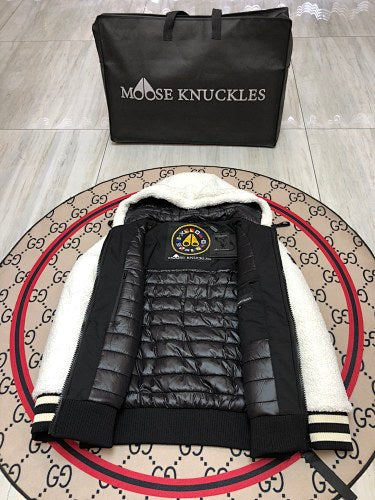 Moose Knuckles White and Black Teddy Fleece Hooded Bomber Jacket