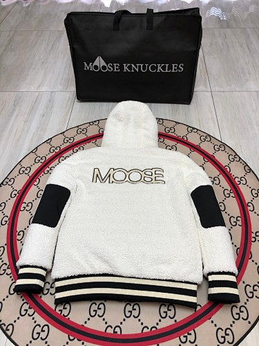 Moose Knuckles White and Black Teddy Fleece Hooded Bomber Jacket