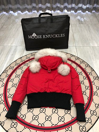 Moose Knuckles Red Cropped Hooded Bomber Jacket with Pom-Poms