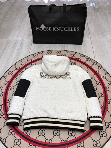 Moose Knuckles White and Black Teddy Fleece Hooded Bomber Jacket