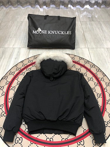 Moose Knuckles Black Hooded Bomber Jacket with White Plush Trim