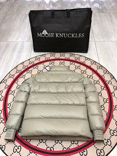 Moose Knuckles Sage Green Glossy Stand Collar Puffer Jacket