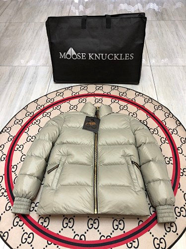 Moose Knuckles Sage Green Glossy Stand Collar Puffer Jacket
