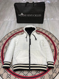 Moose Knuckles White and Black Teddy Fleece Hooded Bomber Jacket