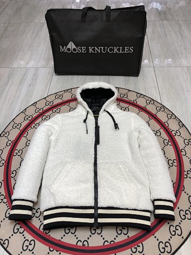 Moose Knuckles White and Black Teddy Fleece Hooded Bomber Jacket