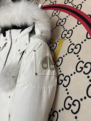 Moose Knuckles Off-White Cropped Hooded Bomber Jacket with Pom-Poms
