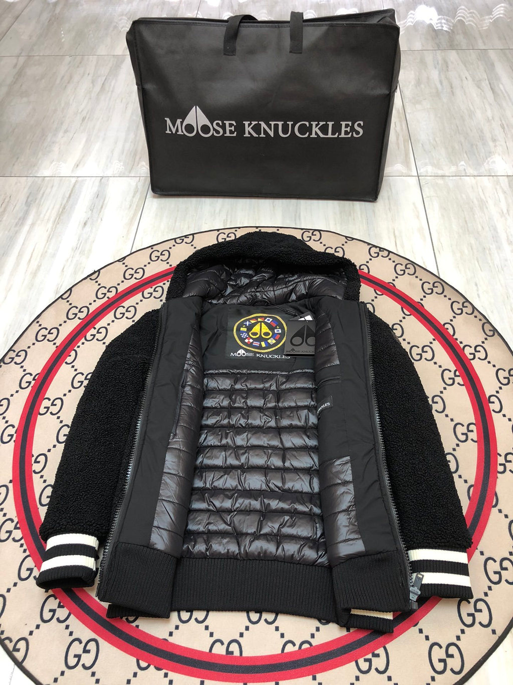 Moose Knuckles Black Teddy Fleece Striped Trim Hooded Bomber Jacket