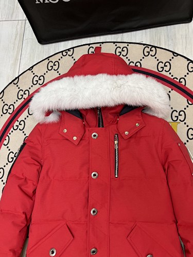 Moose Knuckles Red Hooded Puffer Jacket with White Plush Trim