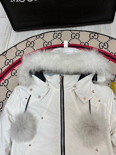Moose Knuckles Off-White Cropped Hooded Bomber Jacket with Pom-Poms