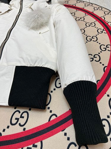 Moose Knuckles Off-White Cropped Hooded Bomber Jacket with Pom-Poms