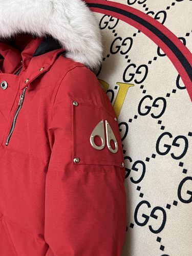 Moose Knuckles Red Hooded Puffer Jacket with White Plush Trim