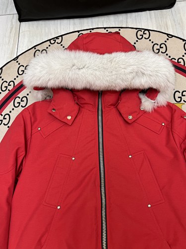 Moose Knuckles Red Hooded Bomber Jacket with White Plush Trim