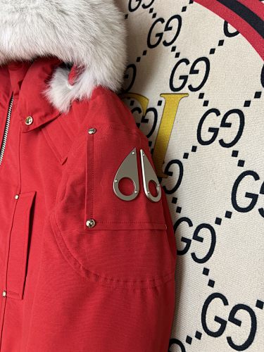 Moose Knuckles Red Hooded Bomber Jacket with White Plush Trim