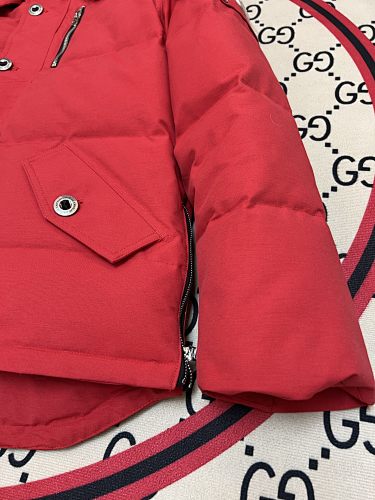 Moose Knuckles Red Hooded Puffer Jacket with White Plush Trim