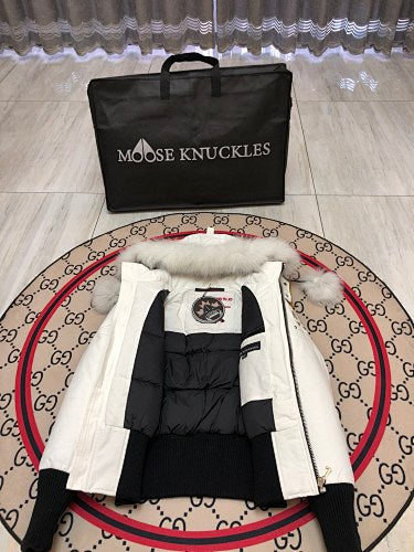 Moose Knuckles Off-White Cropped Hooded Bomber Jacket with Pom-Poms