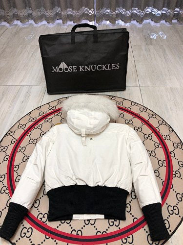 Moose Knuckles Off-White Cropped Hooded Bomber Jacket with Pom-Poms