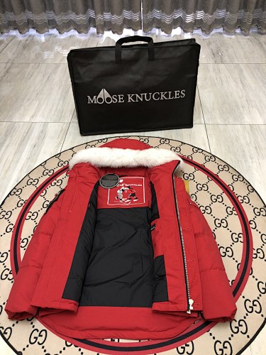 Moose Knuckles Red Hooded Puffer Jacket with White Plush Trim