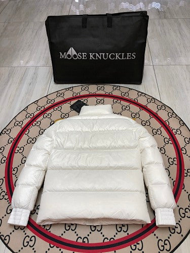 Moose Knuckles White Glossy Stand Collar Puffer Jacket