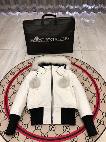 Moose Knuckles Off-White Cropped Hooded Bomber Jacket with Pom-Poms