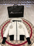 Moose Knuckles Off-White Cropped Hooded Bomber Jacket with Pom-Poms
