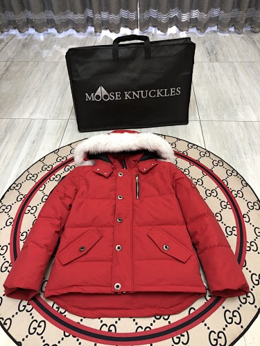 Moose Knuckles Red Hooded Puffer Jacket with White Plush Trim